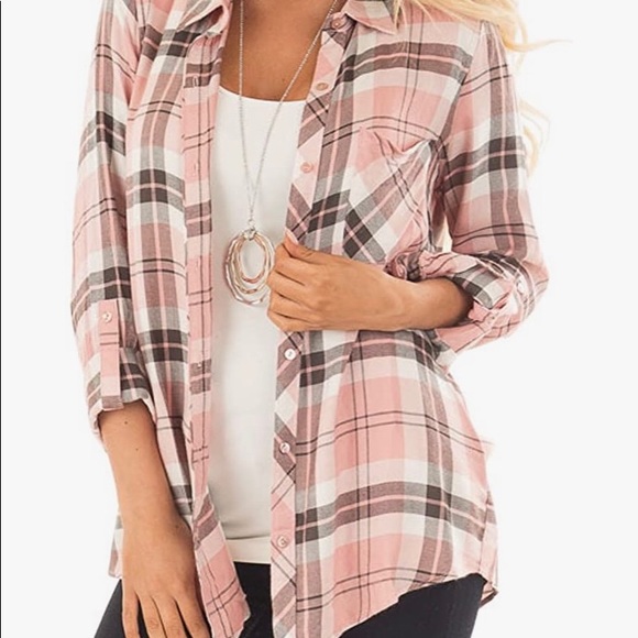 NUOREEL Tops - Pink/White/Black Plaid Long-sleeved Button-up